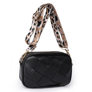 Black woven PU leather cross shoulder bag with adjustable strap, side angle