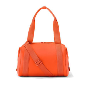 Front view of orange large capacity neoprene backpack, highlighting urban minimalist style and zipper closure for business trips.