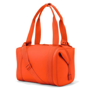 Side view of vibrant orange neoprene travel bag with adjustable shoulder strap and handles, showcasing waterproof and lightweight design for outdoor use.