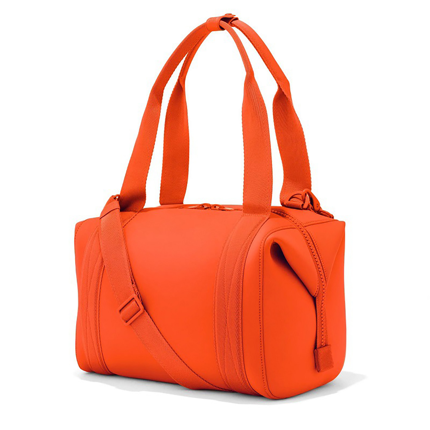 Side view of vibrant orange neoprene travel bag with adjustable shoulder strap and handles, showcasing waterproof and lightweight design for outdoor use.