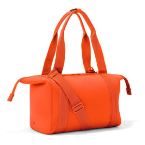 Angled perspective of orange shockproof neoprene travel bag, emphasizing breathable material and roll shape for casual adventures.