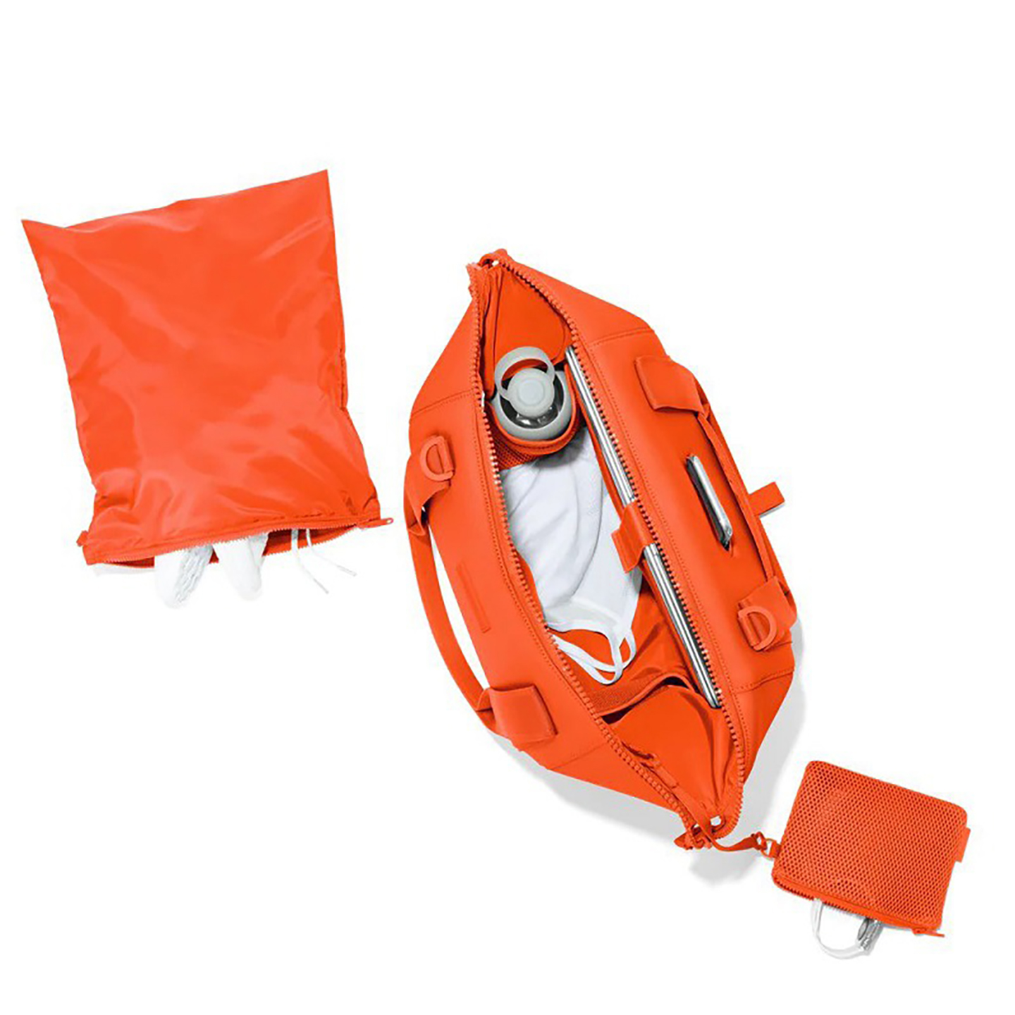 Open interior view of orange neoprene travel bag displaying main compartment with shoe bag, water bottle holder, and mesh pouch for organized storage.