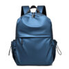 Front view of navy polyester men's laptop backpack with street trend design, multiple pockets, and secure zipper closure for daily commuting.