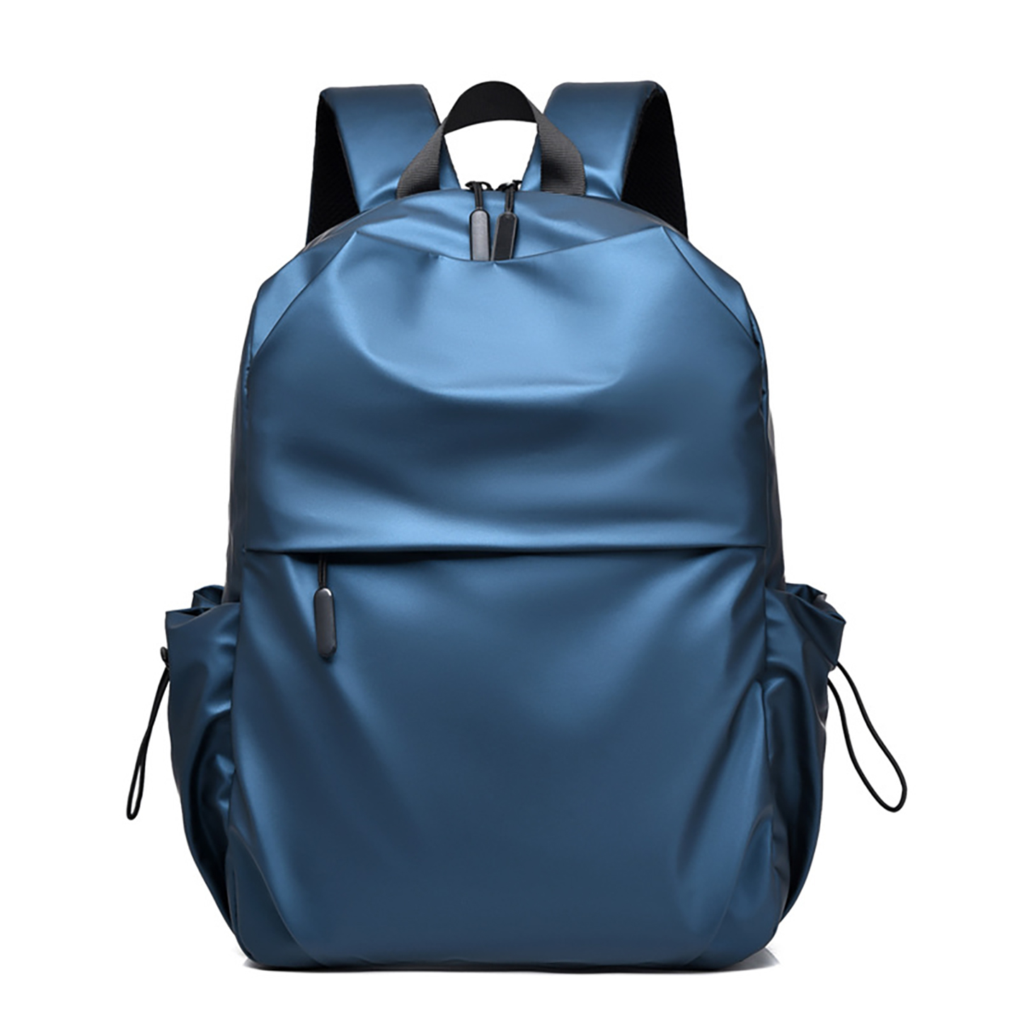 Front view of navy polyester men's laptop backpack with street trend design, multiple pockets, and secure zipper closure for daily commuting.