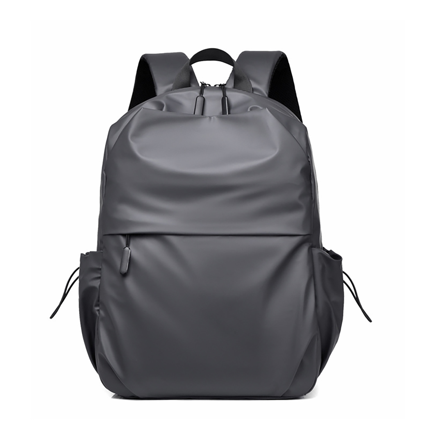 Side profile of gray 14-inch laptop backpack showcasing padded straps and water-resistant polyester material for business trips.