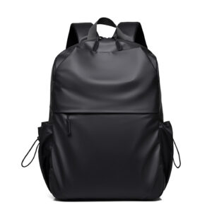 Back view of black men's casual backpack highlighting breathable mesh panel and ergonomic design for all-day comfort.