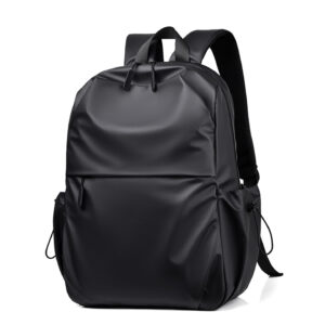 Back side view of black men's casual backpack highlighting breathable mesh panel and ergonomic design for all-day comfort.