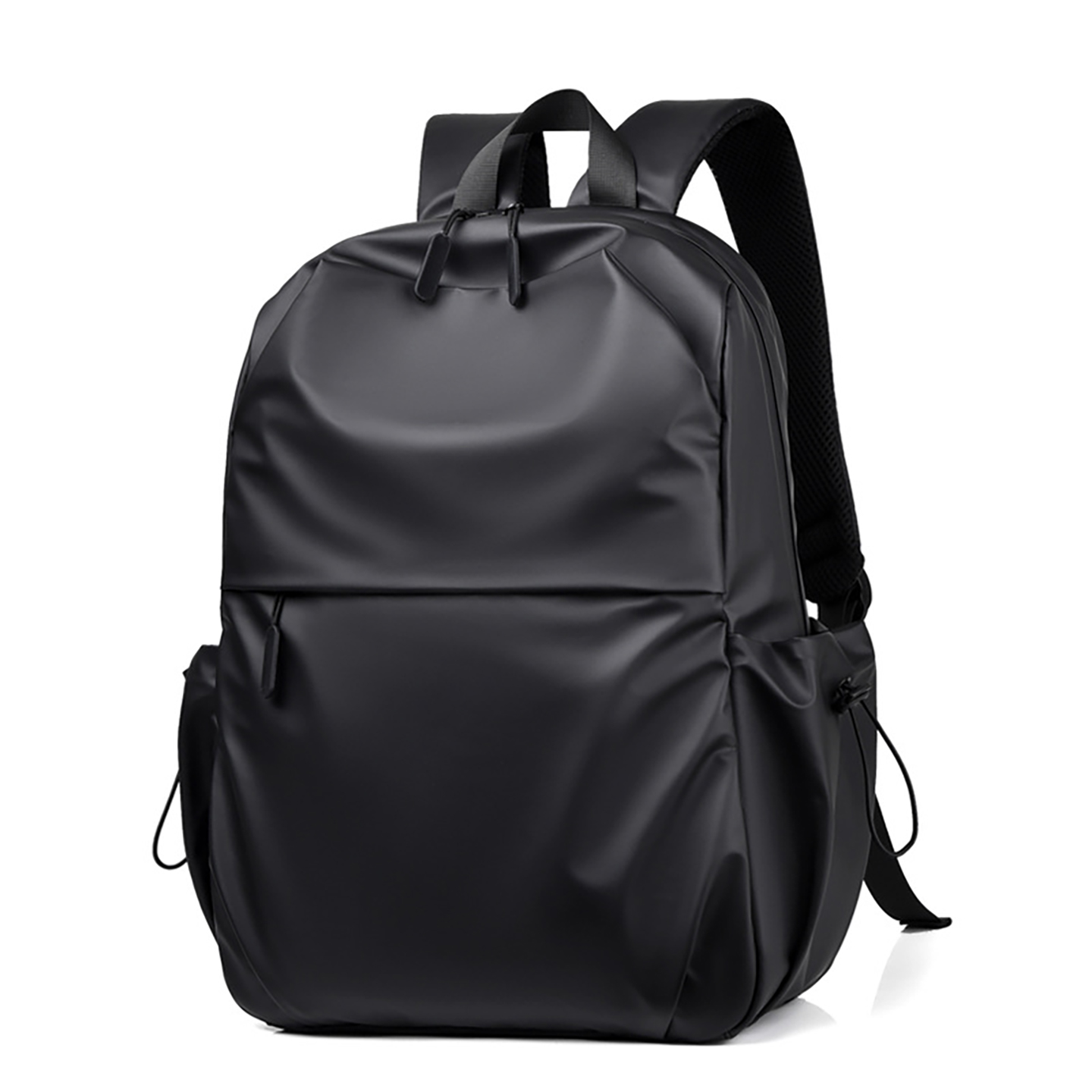 Back side view of black men's casual backpack highlighting breathable mesh panel and ergonomic design for all-day comfort.