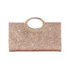 Front view of rose gold sequin evening clutch with oversized oval crystal handle, glamorous glitter finish for wedding and party use.