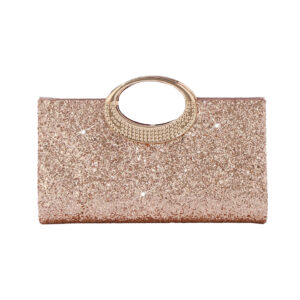Front view of rose gold sequin evening clutch with oversized oval crystal handle, glamorous glitter finish for wedding and party use.