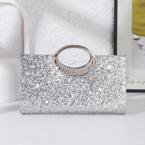 Side profile of silver glitter handbag showcasing structured rectangular shape and secure clasp closure for formal events.