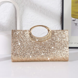 Front view of rose gold sequin evening clutch with oversized oval crystal handle, glamorous glitter finish for wedding and party use.