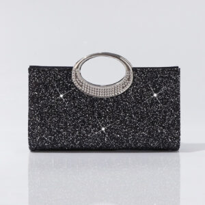 Black sequin evening bag styled as crossbody with chain strap, perfect versatile carry for cocktail parties and nightlife.