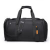 Front view of black water-resistant men's duffel gym bag with padded handles, multiple zip pockets, and premium sport-urban design.
