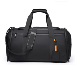 Front view of black water-resistant men's duffel gym bag with padded handles, multiple zip pockets, and premium sport-urban design.
