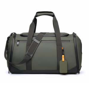 Army green men's weekender bag demonstrating trolley luggage sleeve attachment for seamless airport travel.
