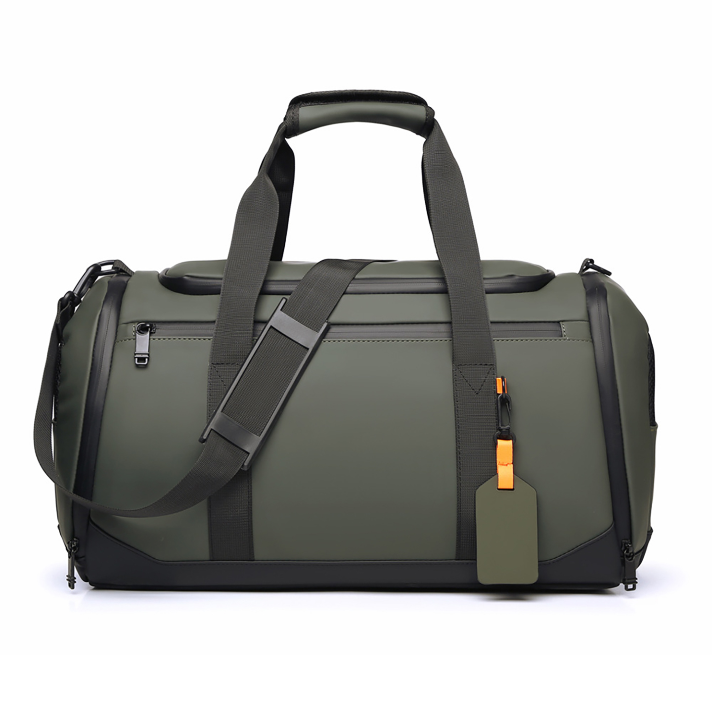 Army green men's weekender bag demonstrating trolley luggage sleeve attachment for seamless airport travel.