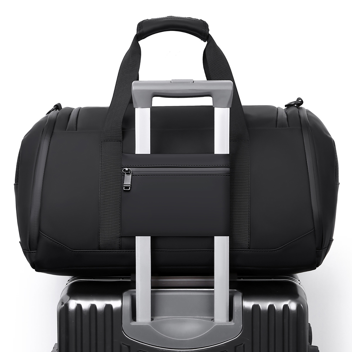 black water-resistant men's duffel gym bag with padded handles