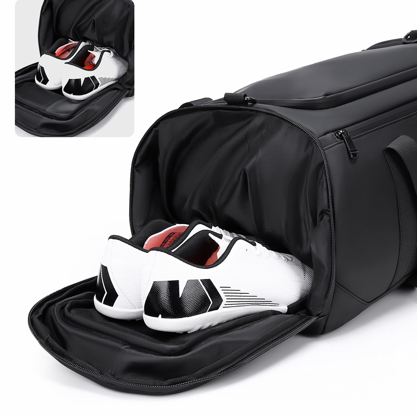 Open shoe compartment of men's gym duffel revealing ventilated design with space for sneakers, separated from main packing area.