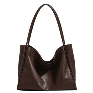 Front view of brown retro shoulder bag in PU material, medium size with stitching details
