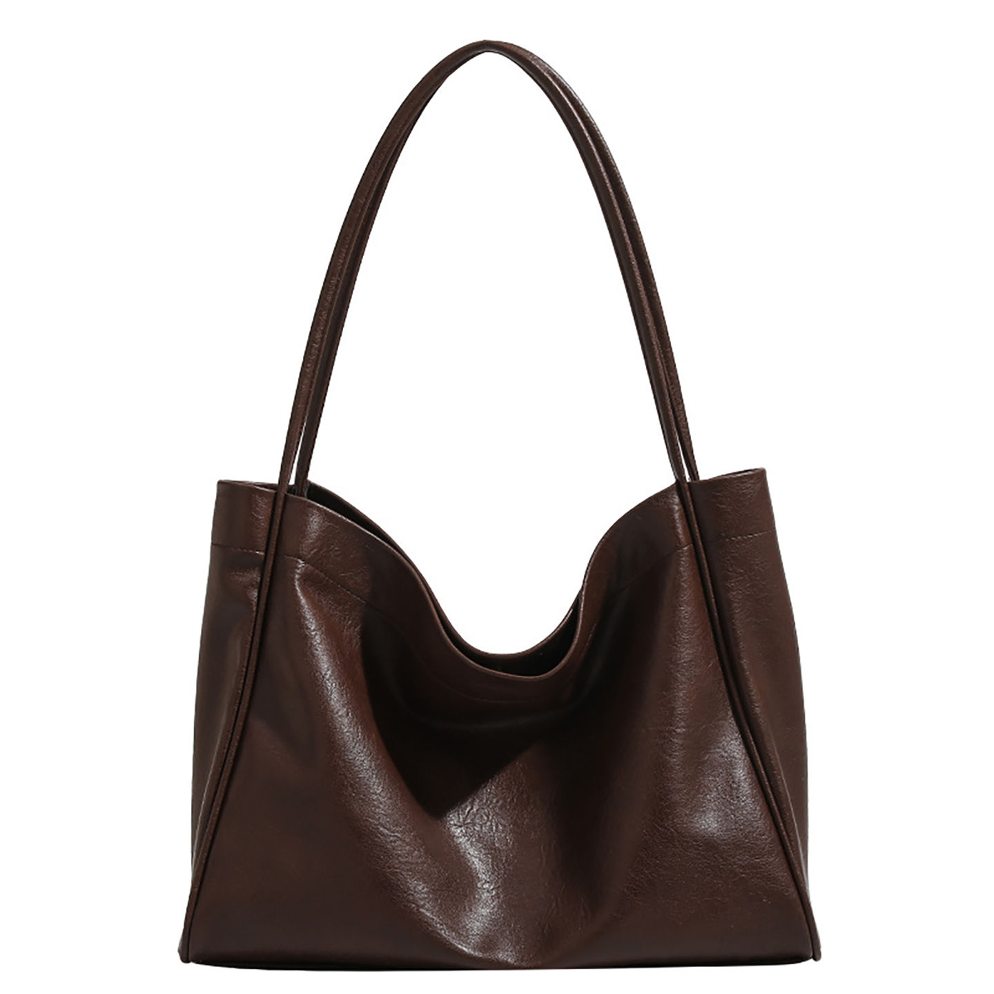 Front view of brown retro shoulder bag in PU material, medium size with stitching details