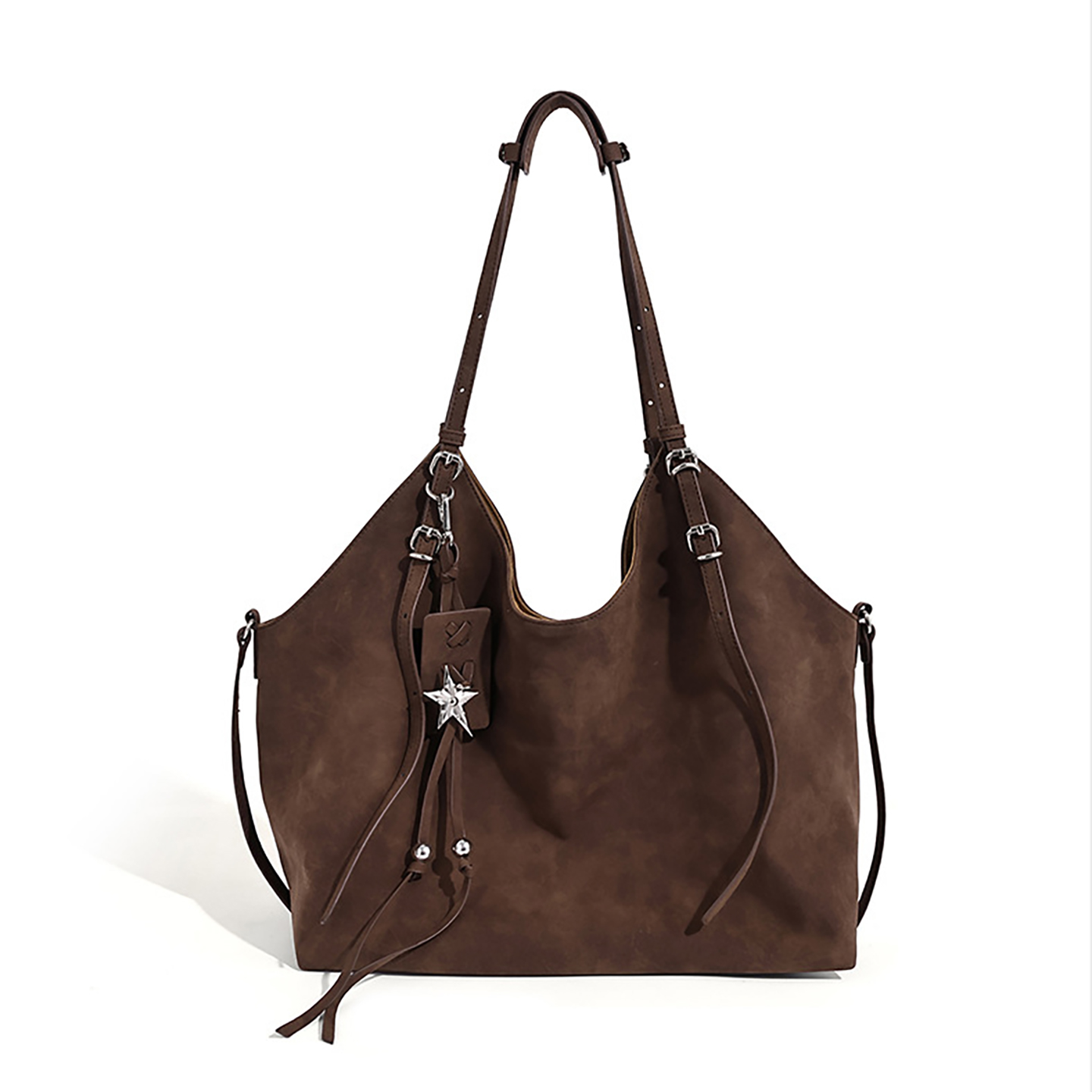 Front view of dark brown PU hobo bag with star charm, tassels, and metal hardware
