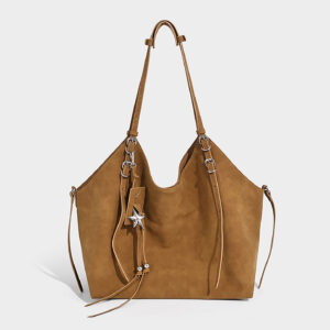 Front view of light brown large capacity hobo bag in boho style for women