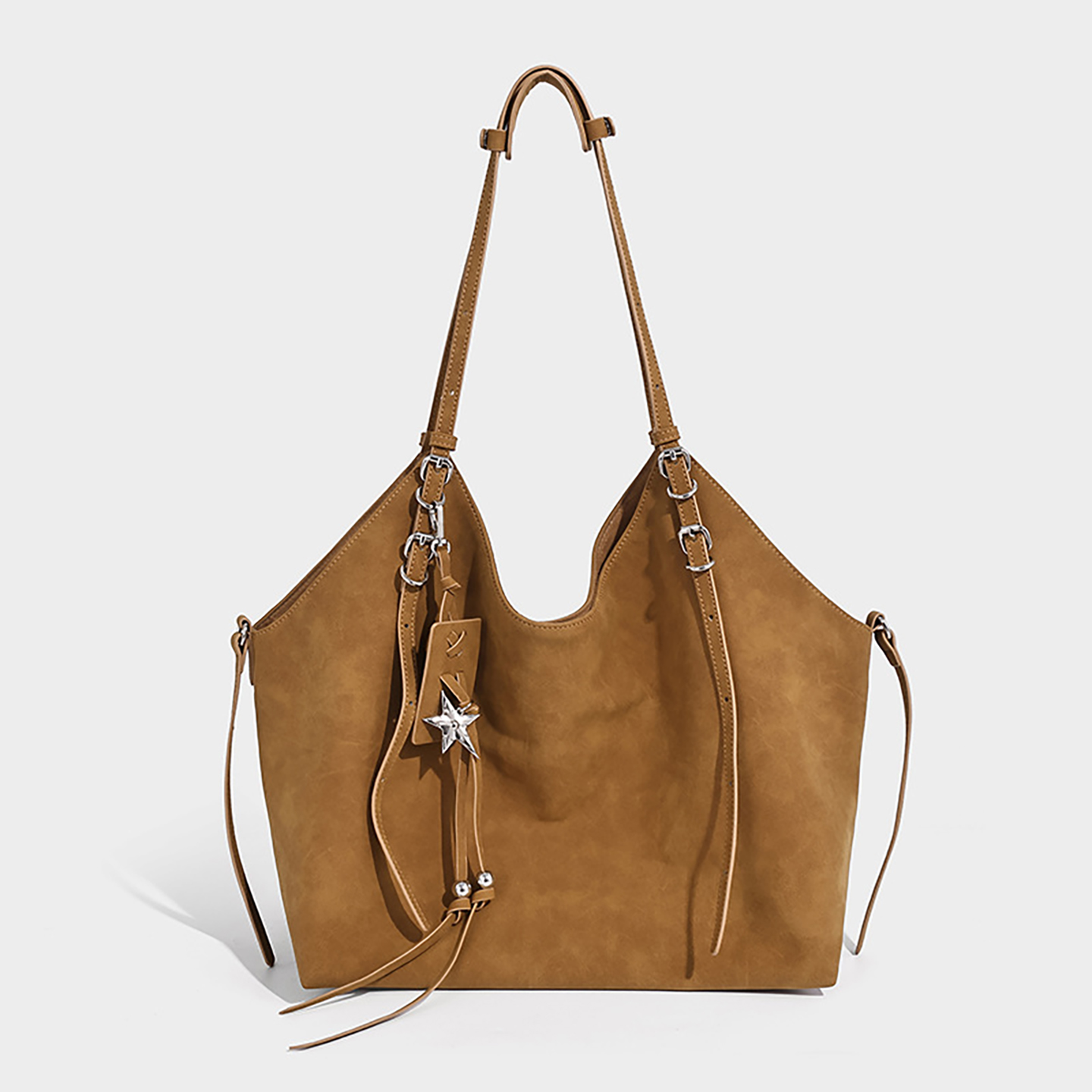 Front view of light brown large capacity hobo bag in boho style for women