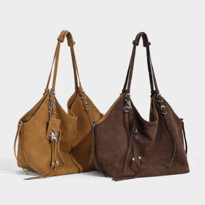 Pair of dark and light brown hobo bags side by side, showing color variations for wholesale