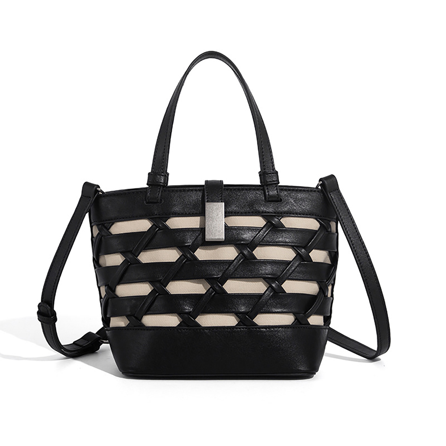 Front view of black PU leather bucket bag with woven lattice and detachable crossbody strap.