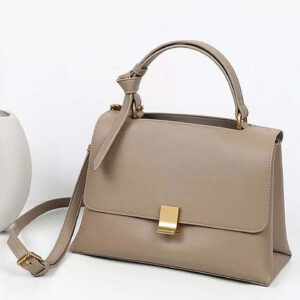 Taupe grey PU shoulder bag with litchi texture and clean square silhouette.
