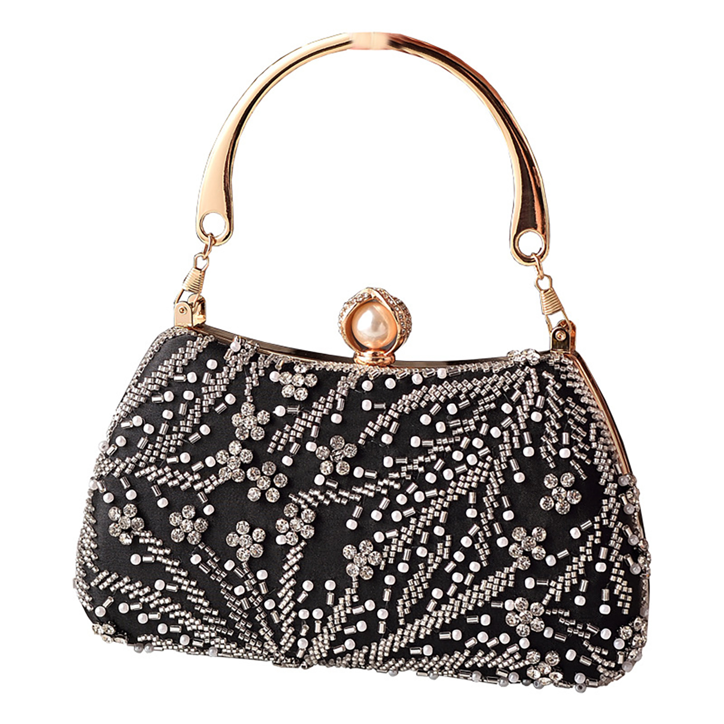 Black silk beaded evening clutch with gold top handle and pearl kiss-lock.