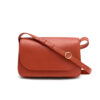 Front view of terracotta women's PU leather shoulder purse with flap design and gold ring detail