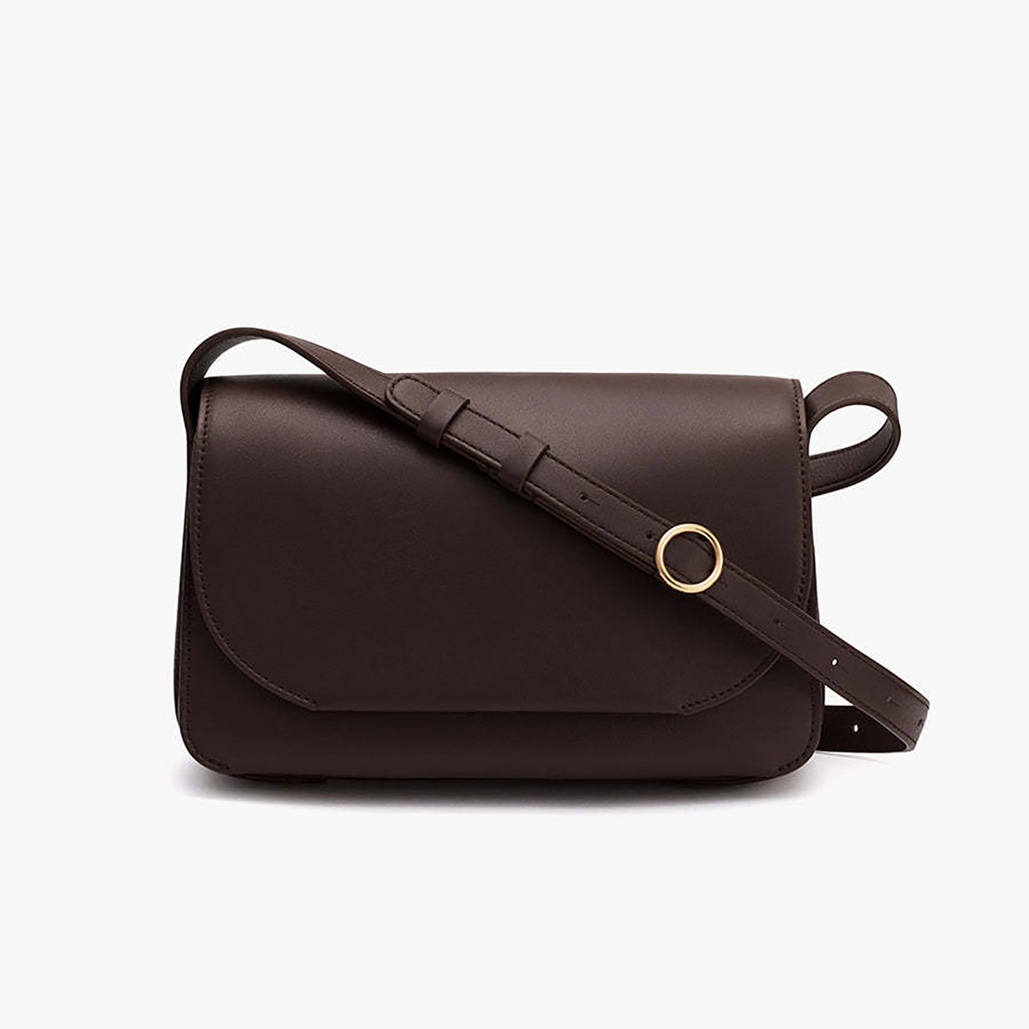 Front view of coffee brown PU leather crossbody bag for women with minimalist style