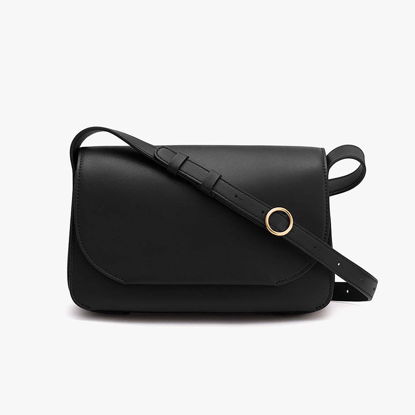 Front view of black women's PU leather shoulder purse with elegant flap closure
