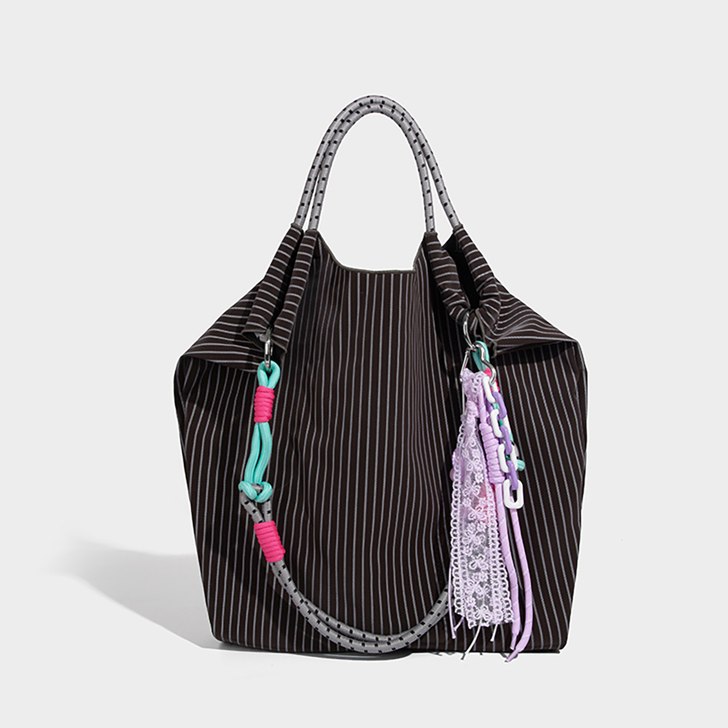 Front view of elephant gray PU bucket bag with summer-ready decorations