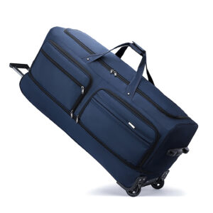Angled view of navy blue multifunctional student luggage with casual travel style and durable construction