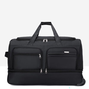 Angled view of dark unisex duffle bag with sports bag features, including trolley sleeve and reinforced wheels