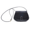 Front view of black women's saddle bag with contrast stitching, magnetic buckle, and adjustable strap