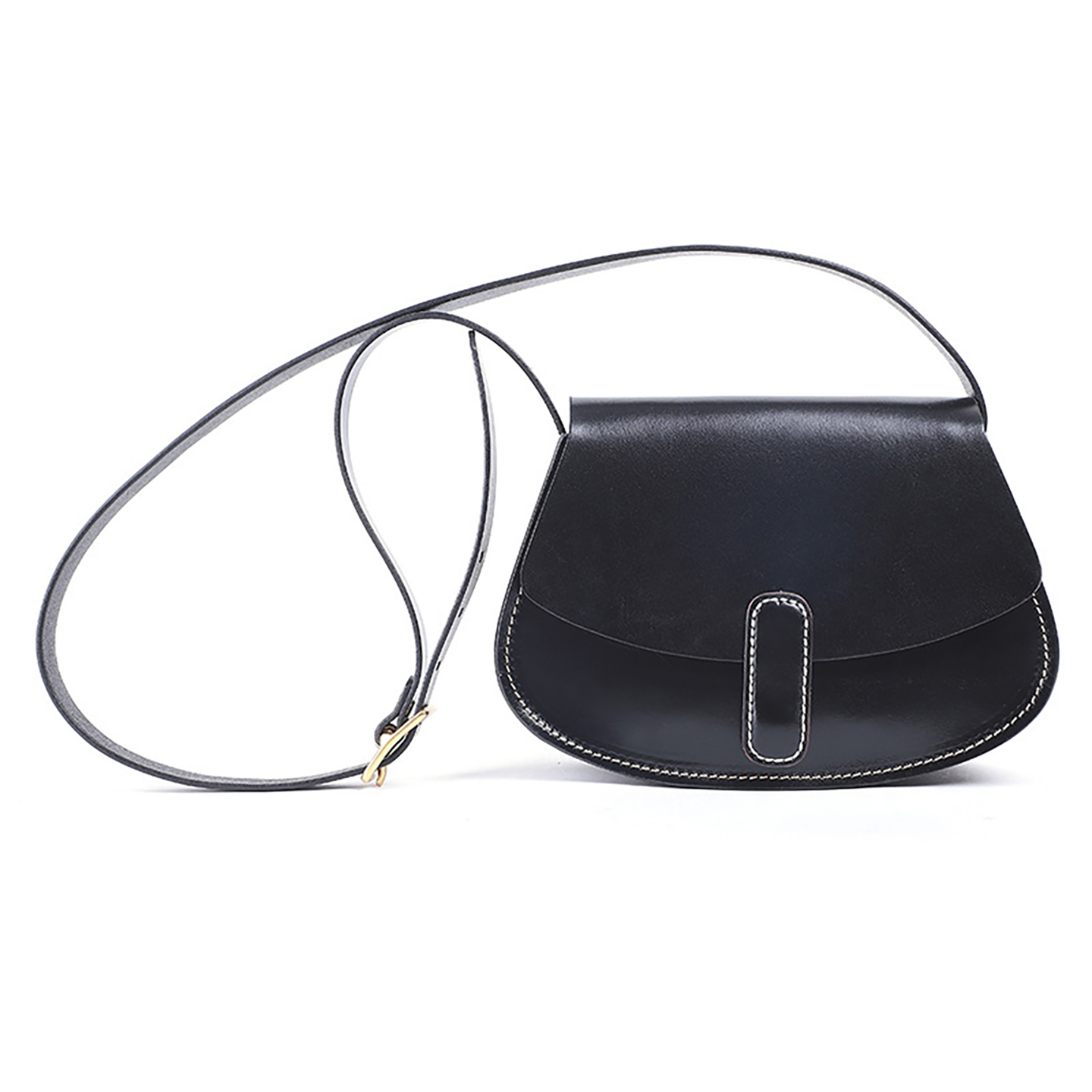 Front view of black women's saddle bag with contrast stitching, magnetic buckle, and adjustable strap