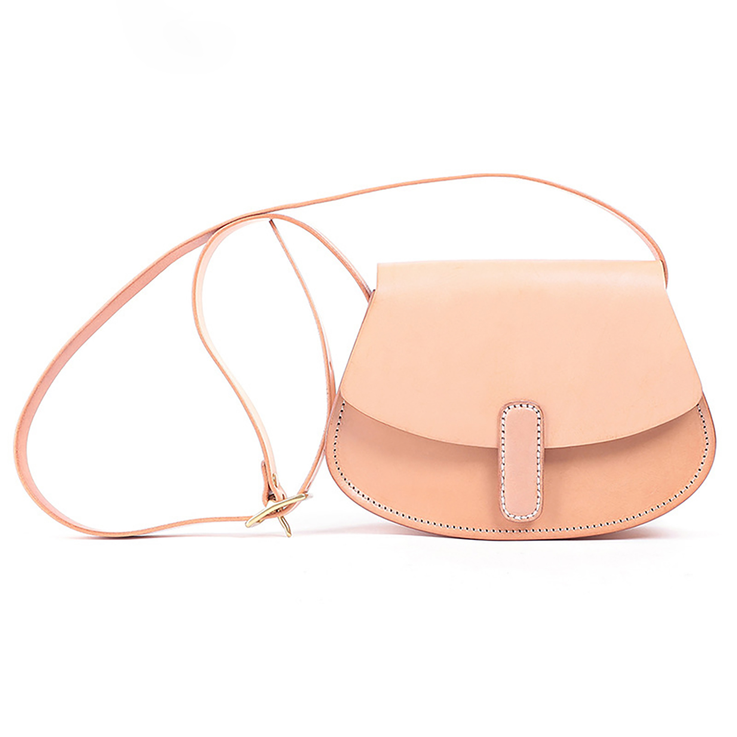 Front view of beige PU leather saddle bag with minimalist contrast color accents