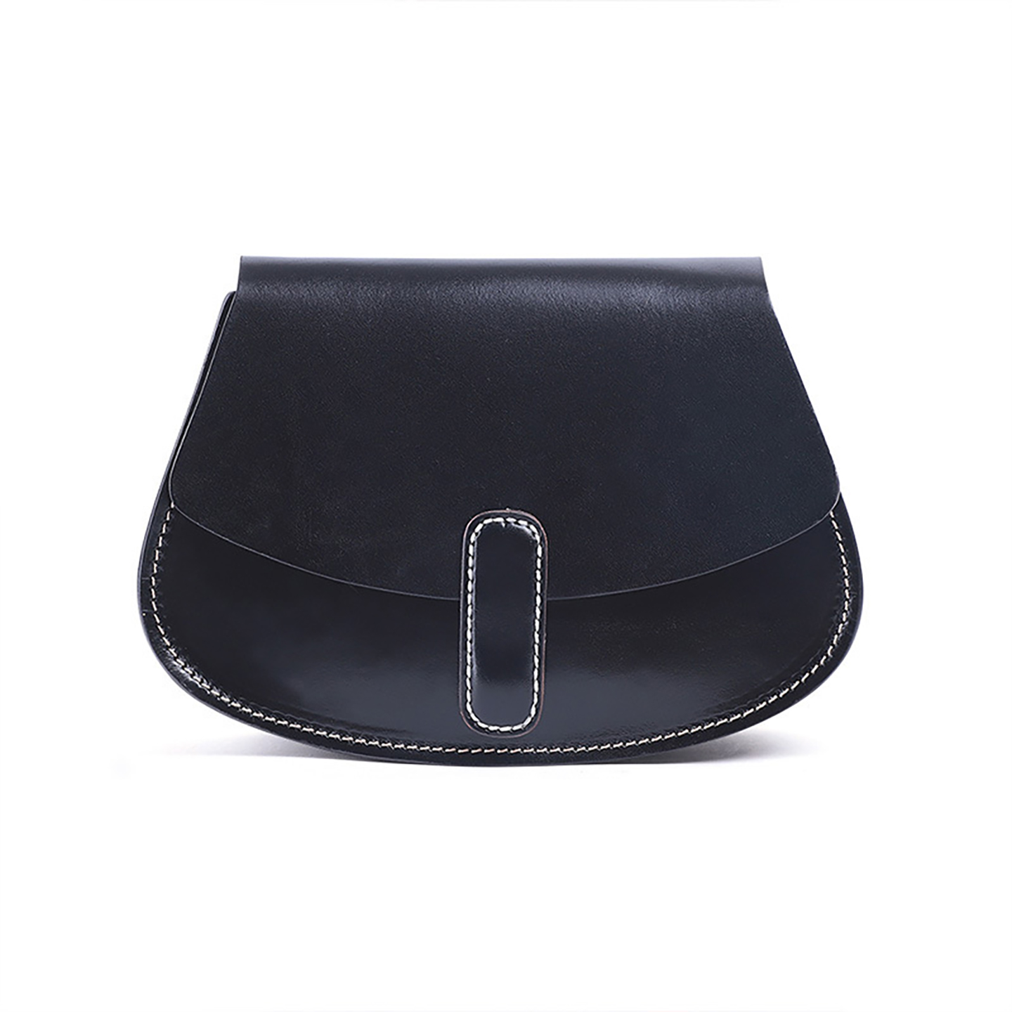 Closeup of black saddle purse highlighting stitching details and PU texture
