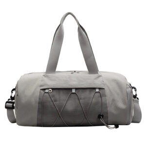 Light gray custom gym duffel bag with wet dry separation and zipper closure for travel and sports