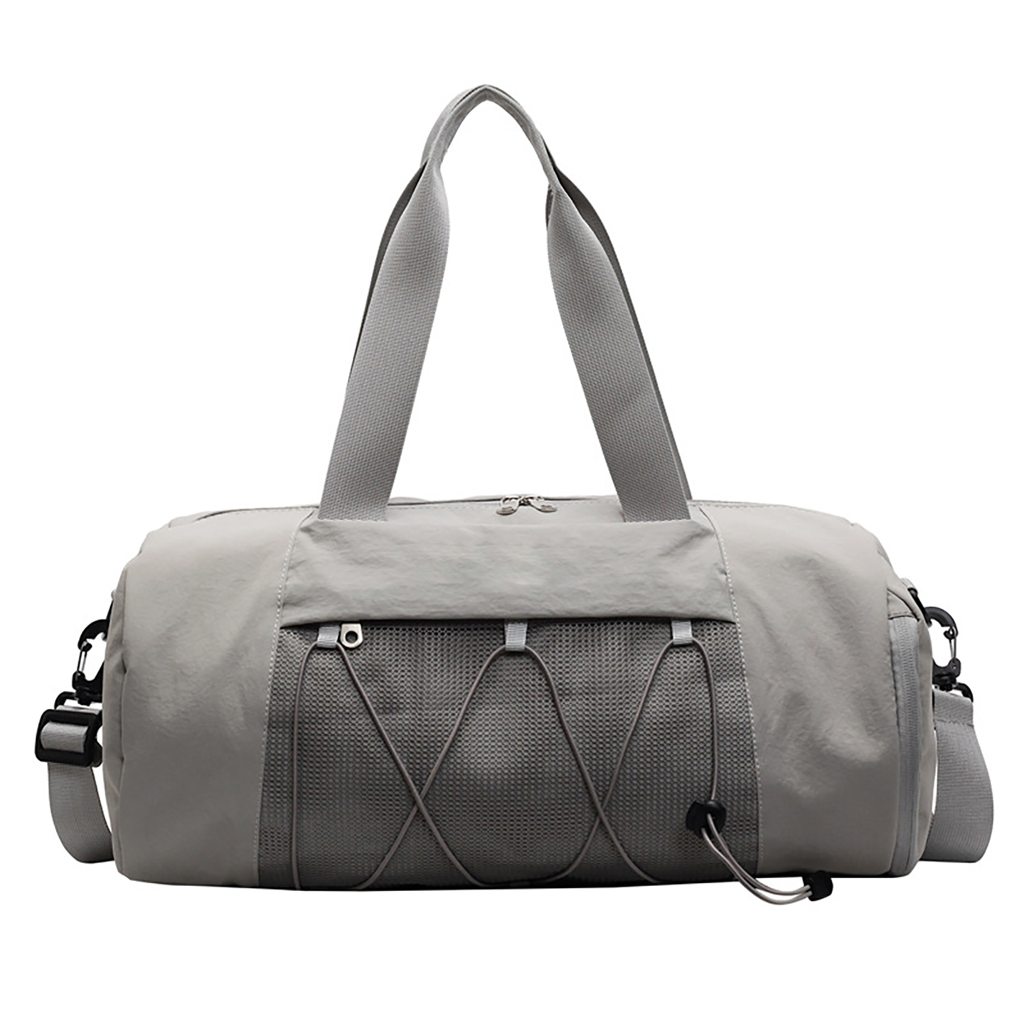 Light gray custom gym duffel bag with wet dry separation and zipper closure for travel and sports