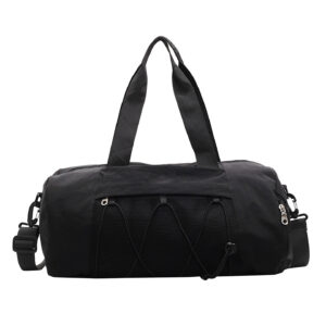 Black multifunctional sports duffle bag featuring stitching details and medium capacity for unisex use