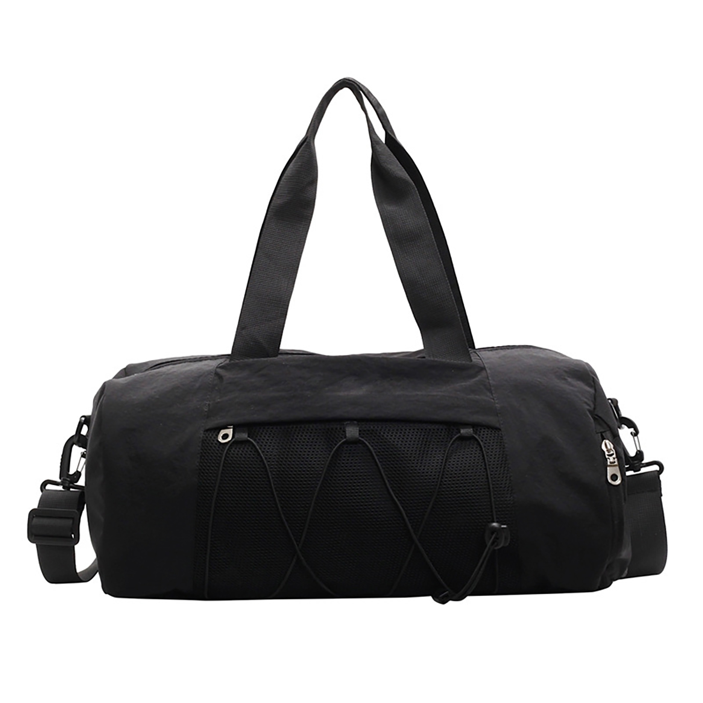 Black multifunctional sports duffle bag featuring stitching details and medium capacity for unisex use