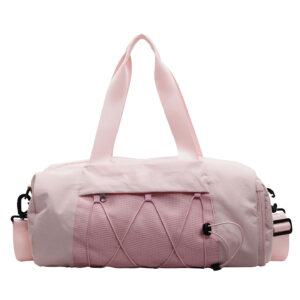 Light pink duffel gym bag with wet dry compartments ideal for fitness and weekend trips