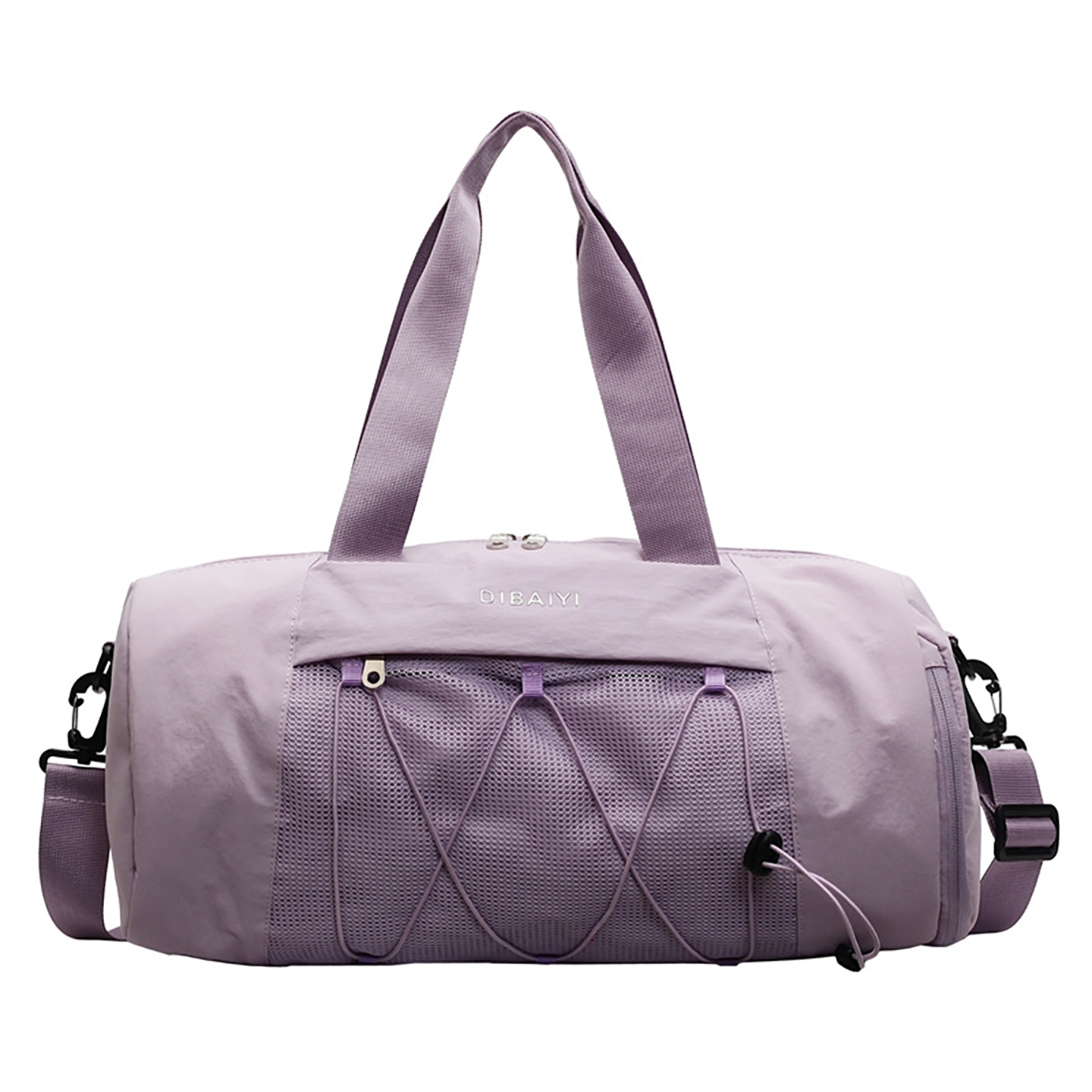 Lavender purple custom duffle bag with fabric exterior and secure zipper for wholesale customization