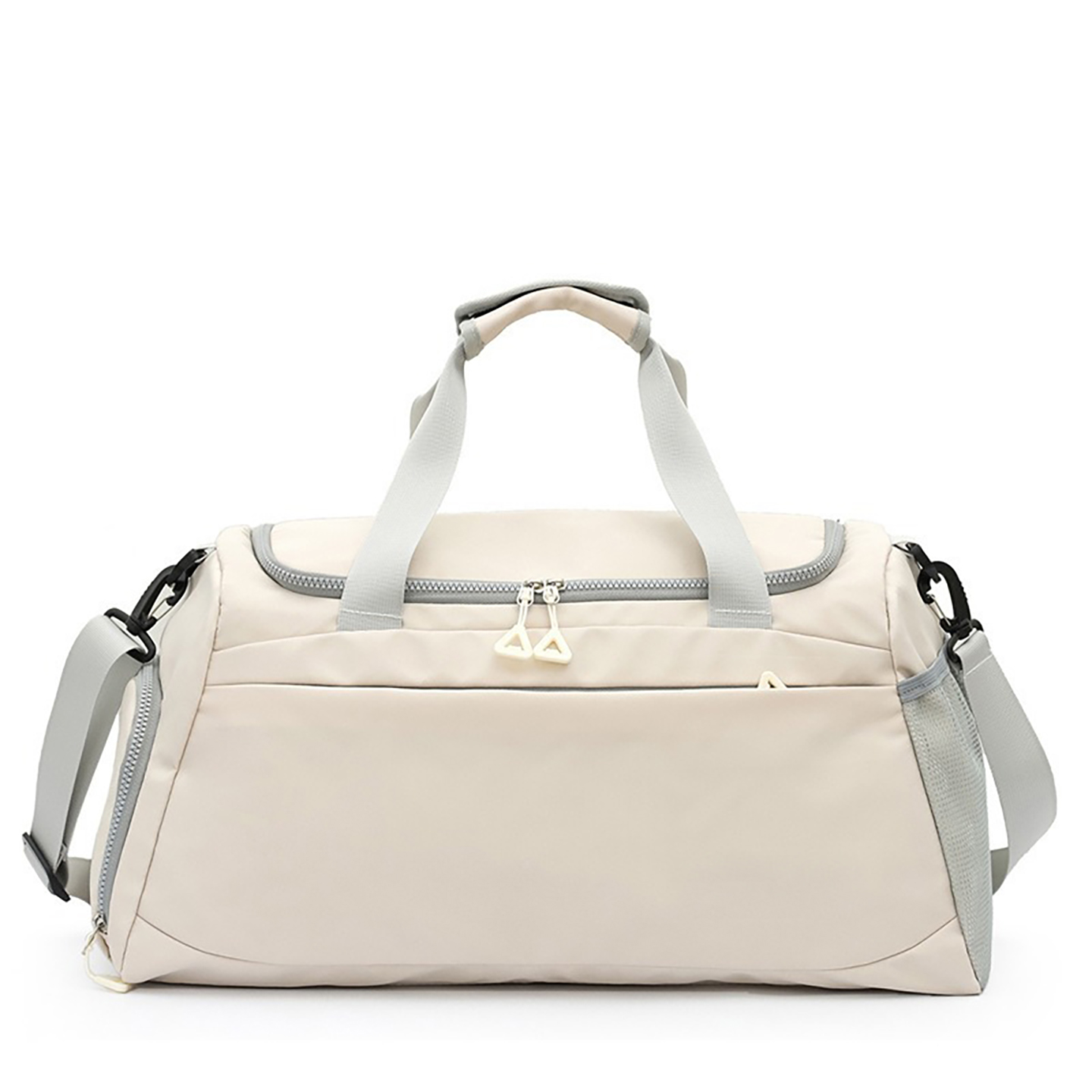 Cream women's gym duffel bag with shoe compartment, water-repellent fabric, and adjustable strap for fitness and travel