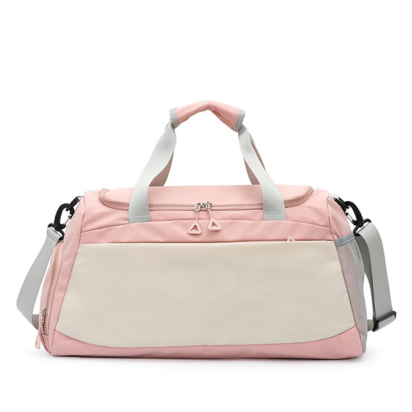 Pink color-block sports duffle bag featuring ventilated shoe pocket and mesh side holder for gym essentials